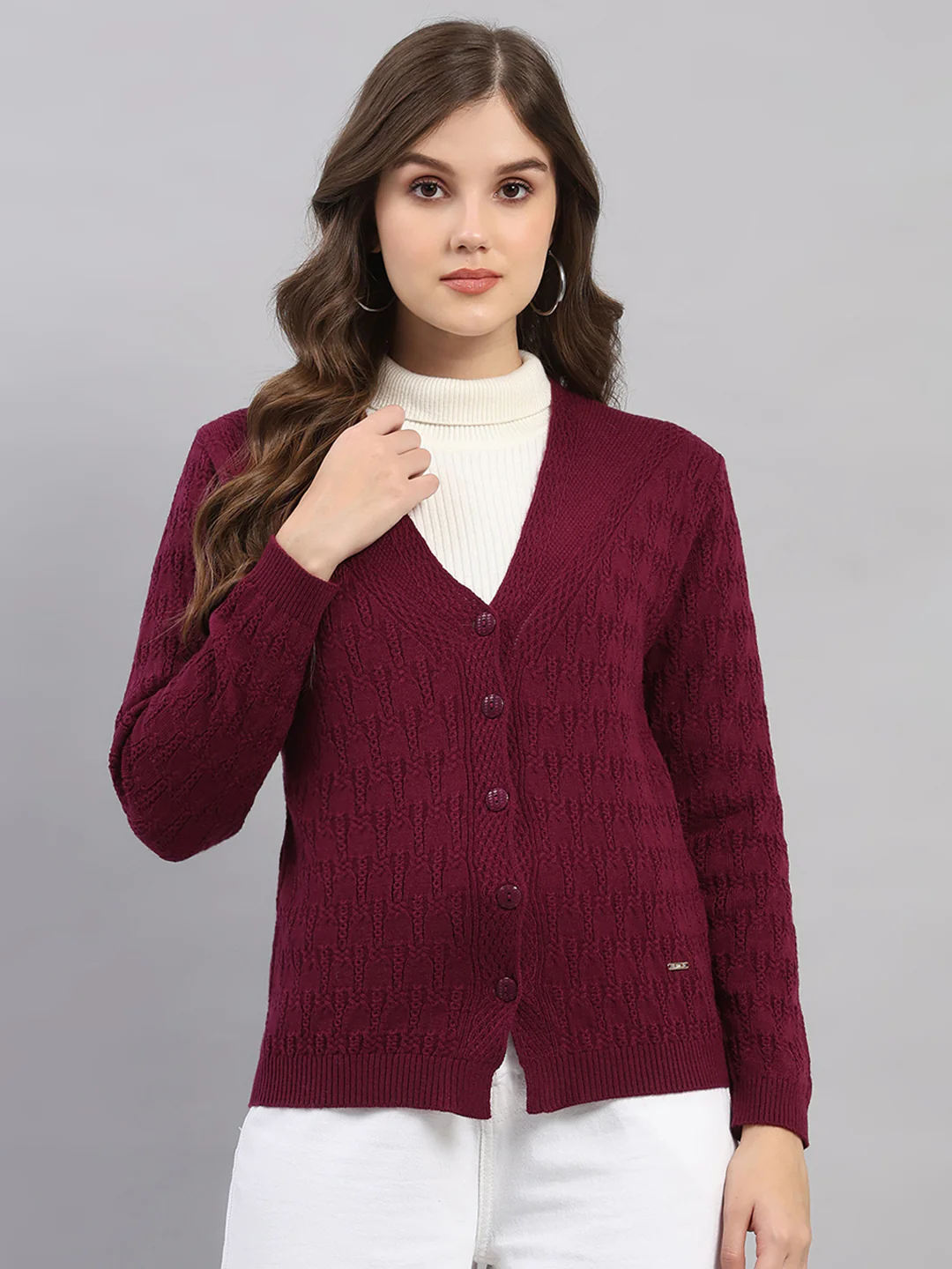Women Purple Self Design V Neck Full Sleeve Cardigan