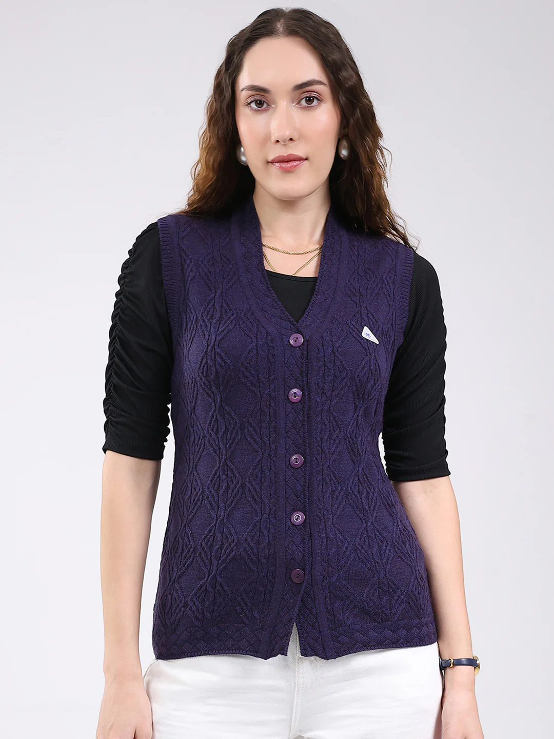 Women Purple Self Design V Neck Sleeveless Cardigan
