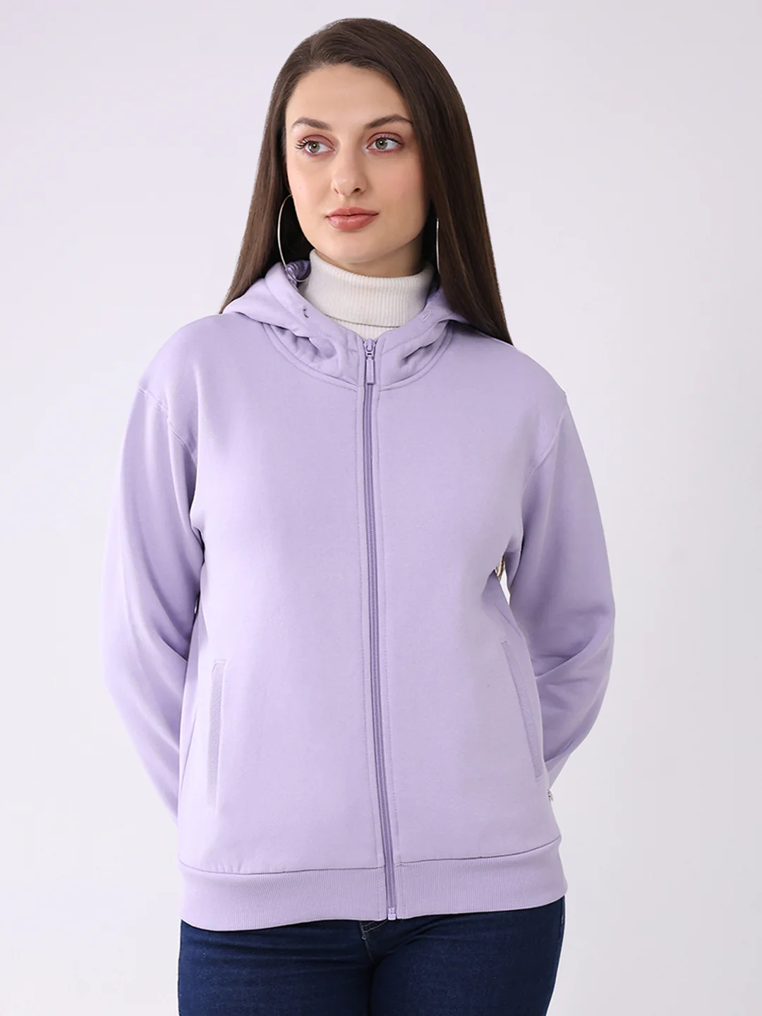 Women Purple Solid Hooded Full Sleeve Sweatshirt