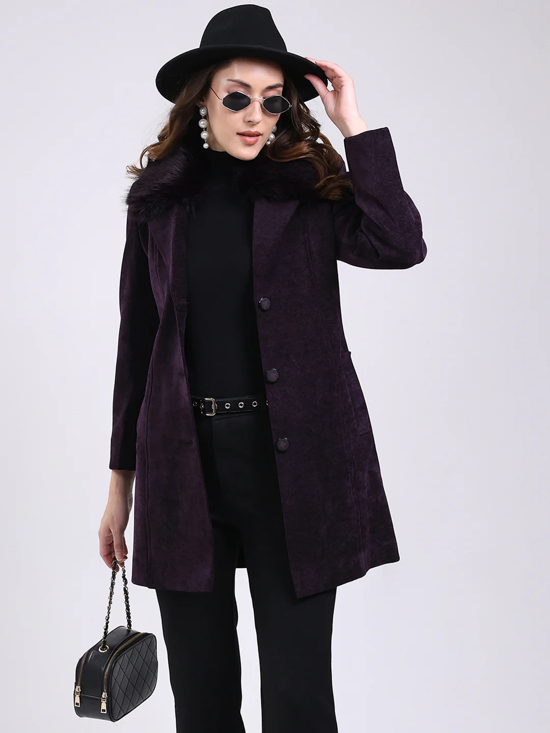 Women Purple Solid Notch Lapel Collar Full Sleeve Coat