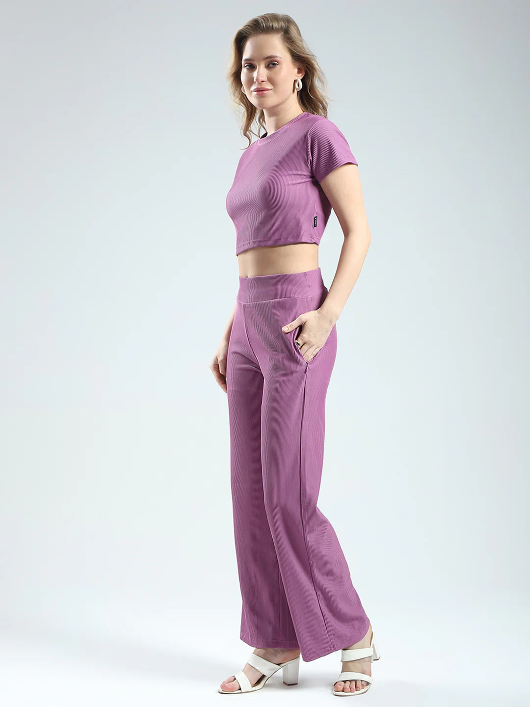 Rock.it Women Purple Solid Round Neck Half Sleeve Cords Set - Image 3