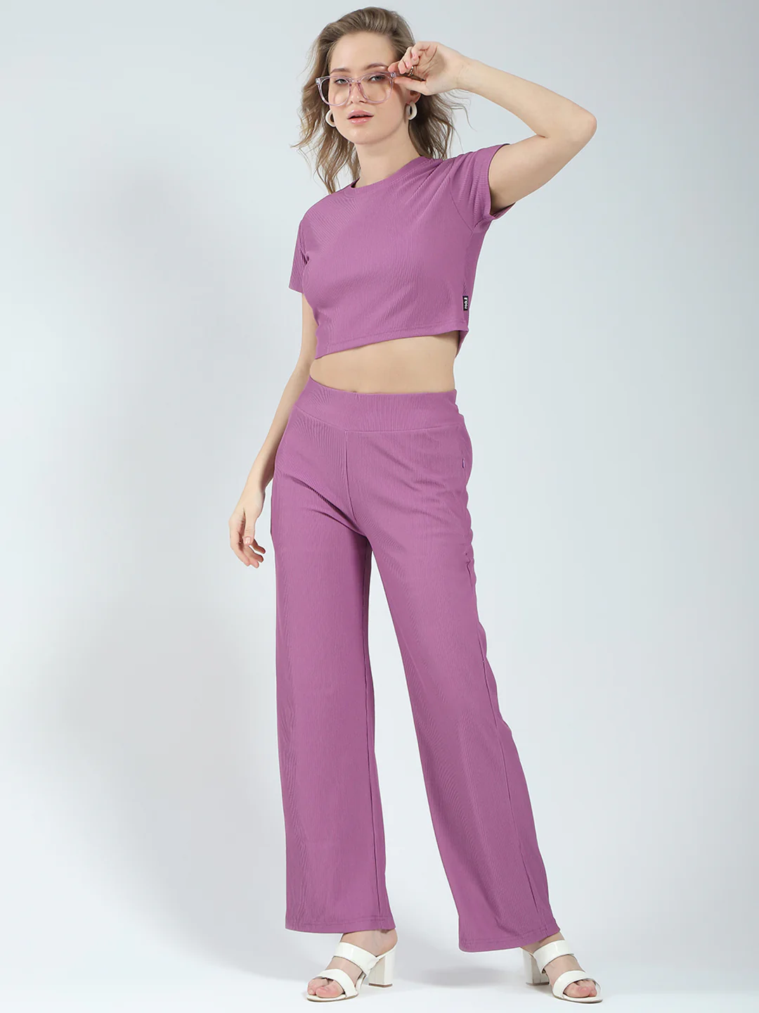 Rock.it Women Purple Solid Round Neck Half Sleeve Cords Set - Image 6