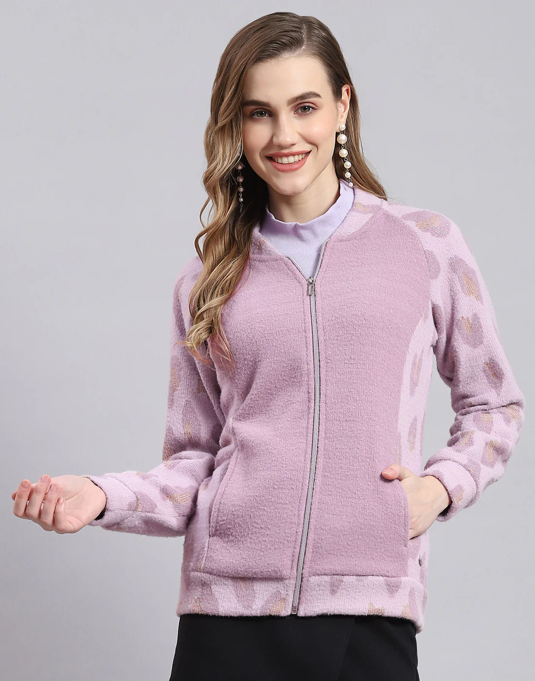 Women Purple Solid Stand Collar Full Sleeve Sweatshirt