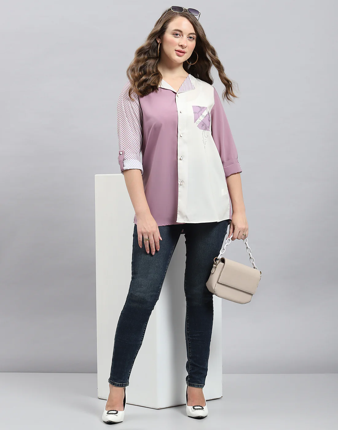 Women Purple Stripe Collar 3/4th Sleeve Top