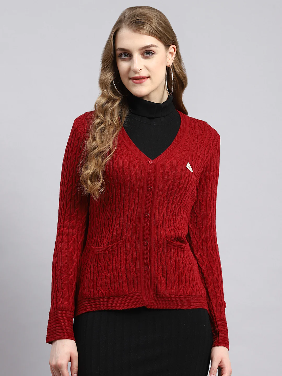 Women Red Self Cardigan
