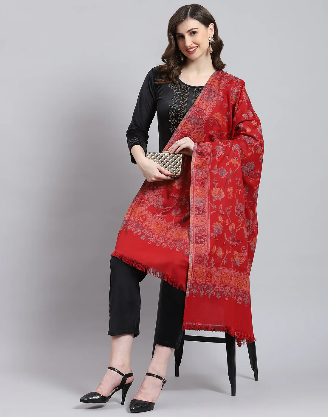 Women Red Self Design Shawl
