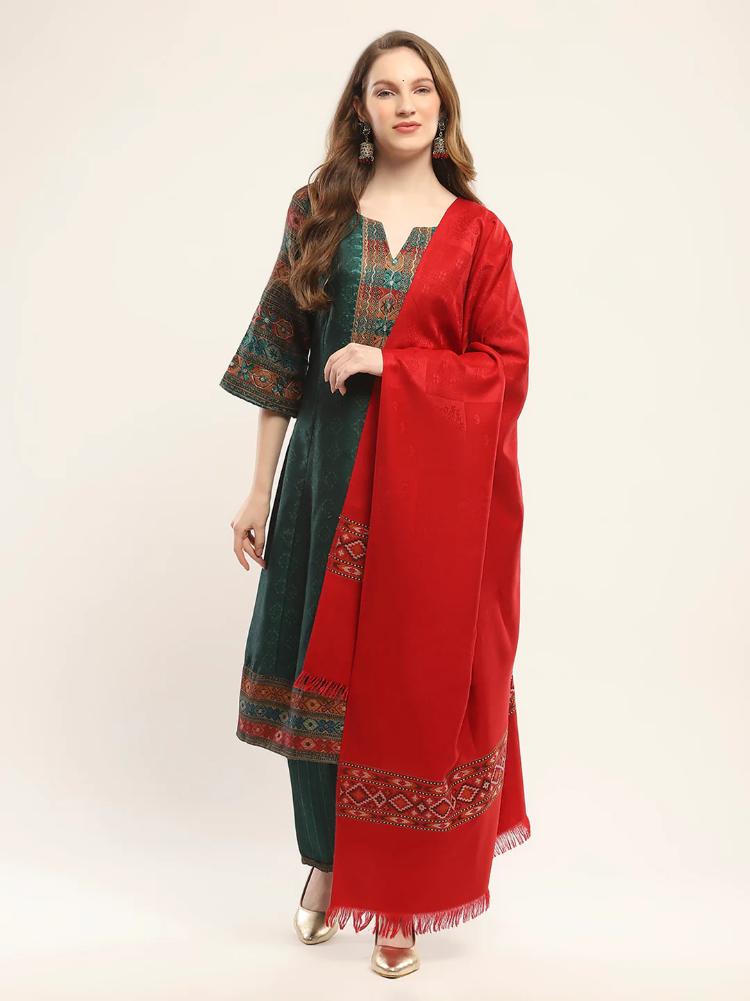 Women Red Self Design Shawl