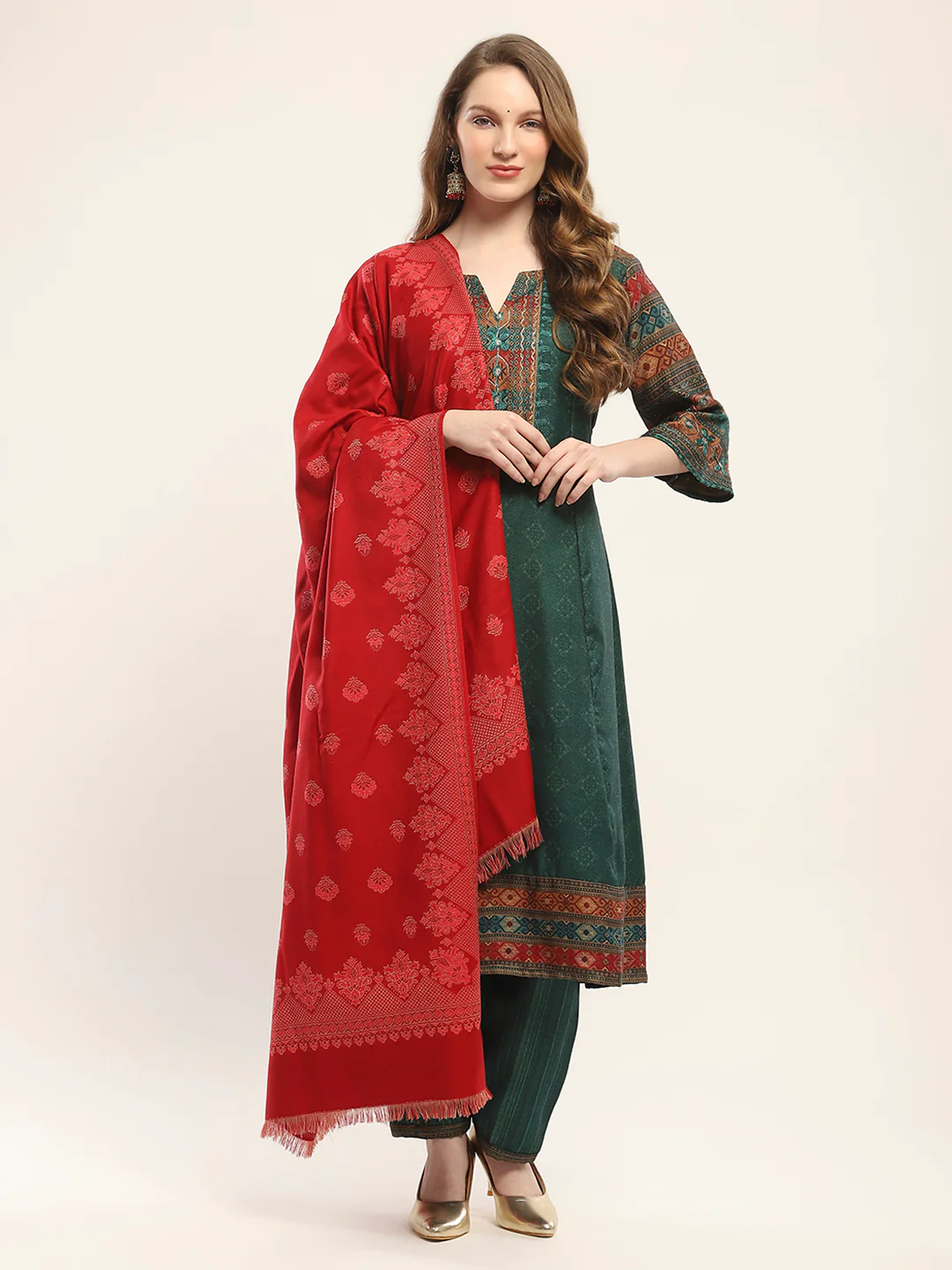 Women Red Self Design Shawl