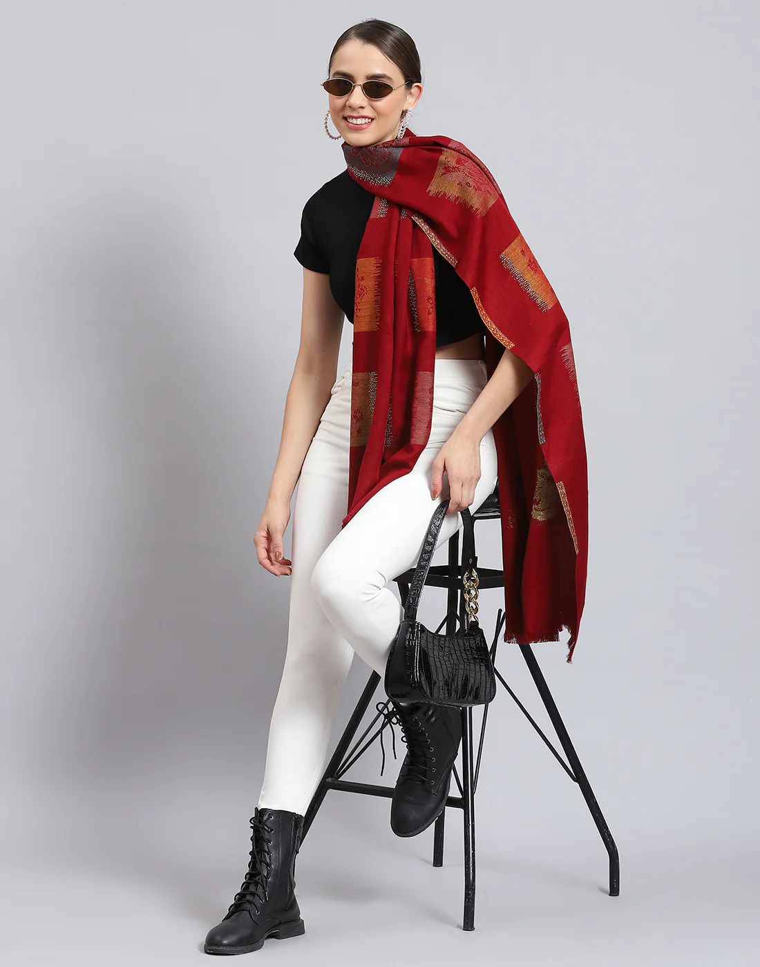 Women Red Self Design Stole