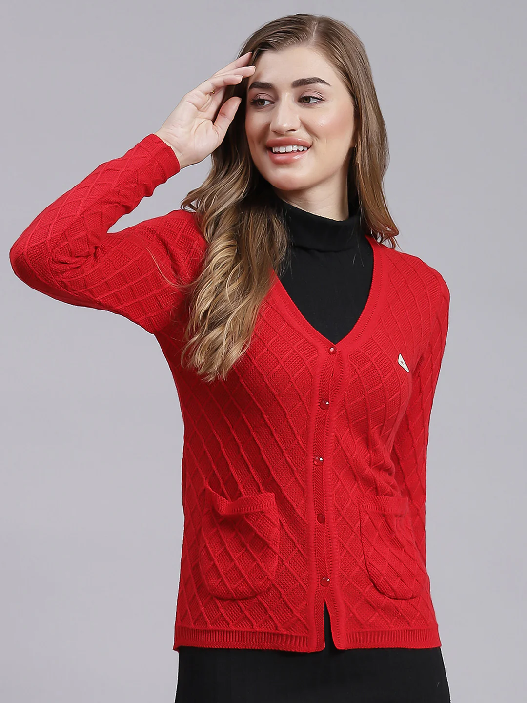 Women Red Self Design Wool blend Cardigan