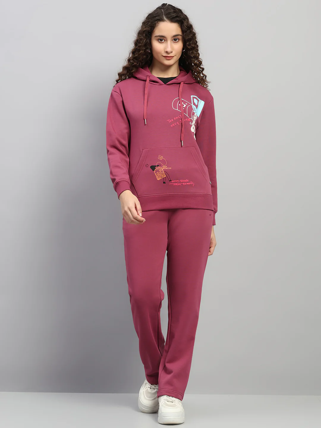 Women Rose Pink Printed Hooded Full Sleeve Winter Tracksuit