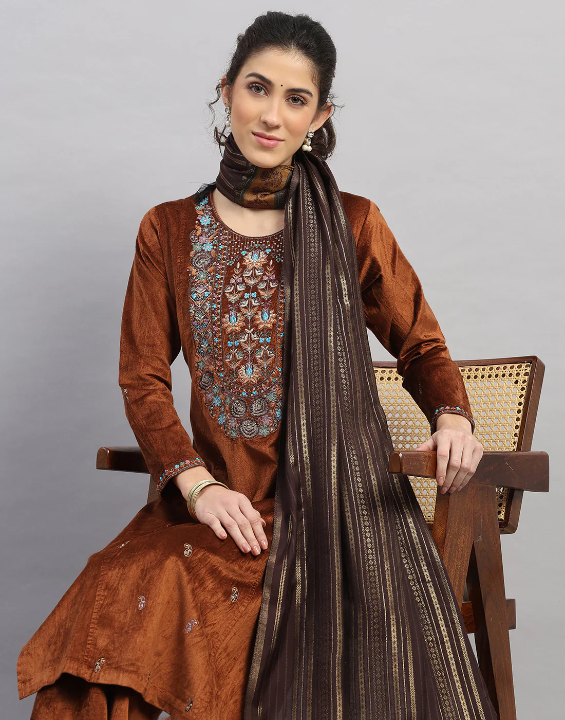 Women Rust Printed Round Neck Full Sleeve 3 Pc Kurtis Set for Winter - Image 6