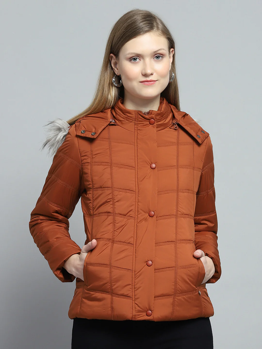 Women Rust Self Design Detachable Hood Full Sleeve Jacket