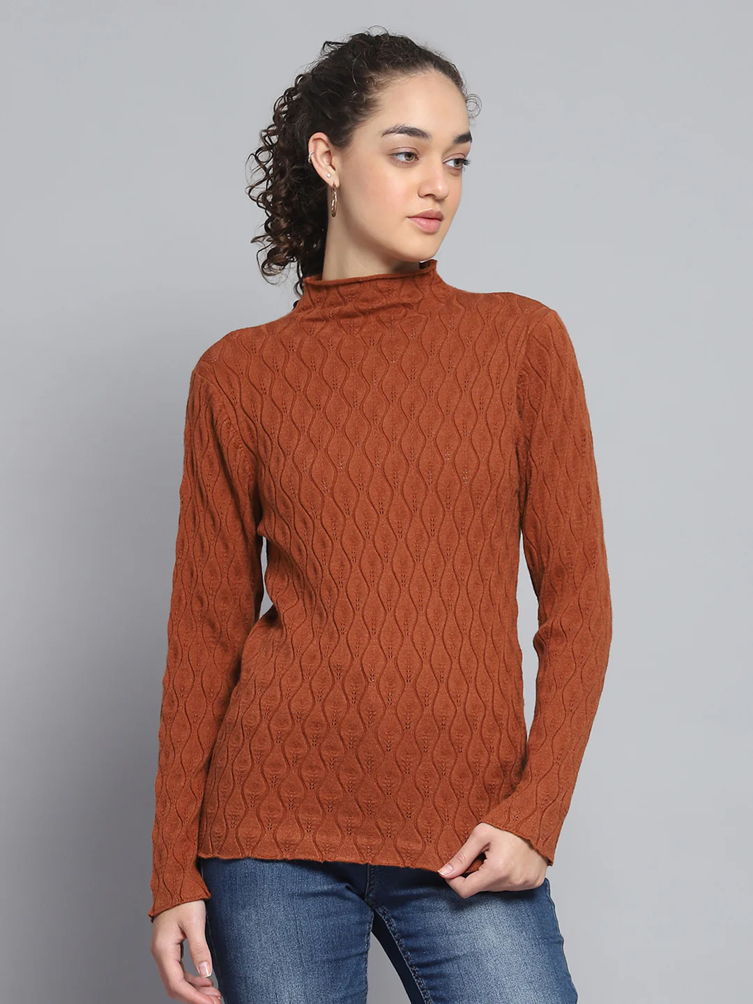 Women Rust Self Design High Neck Full Sleeve Sceavy