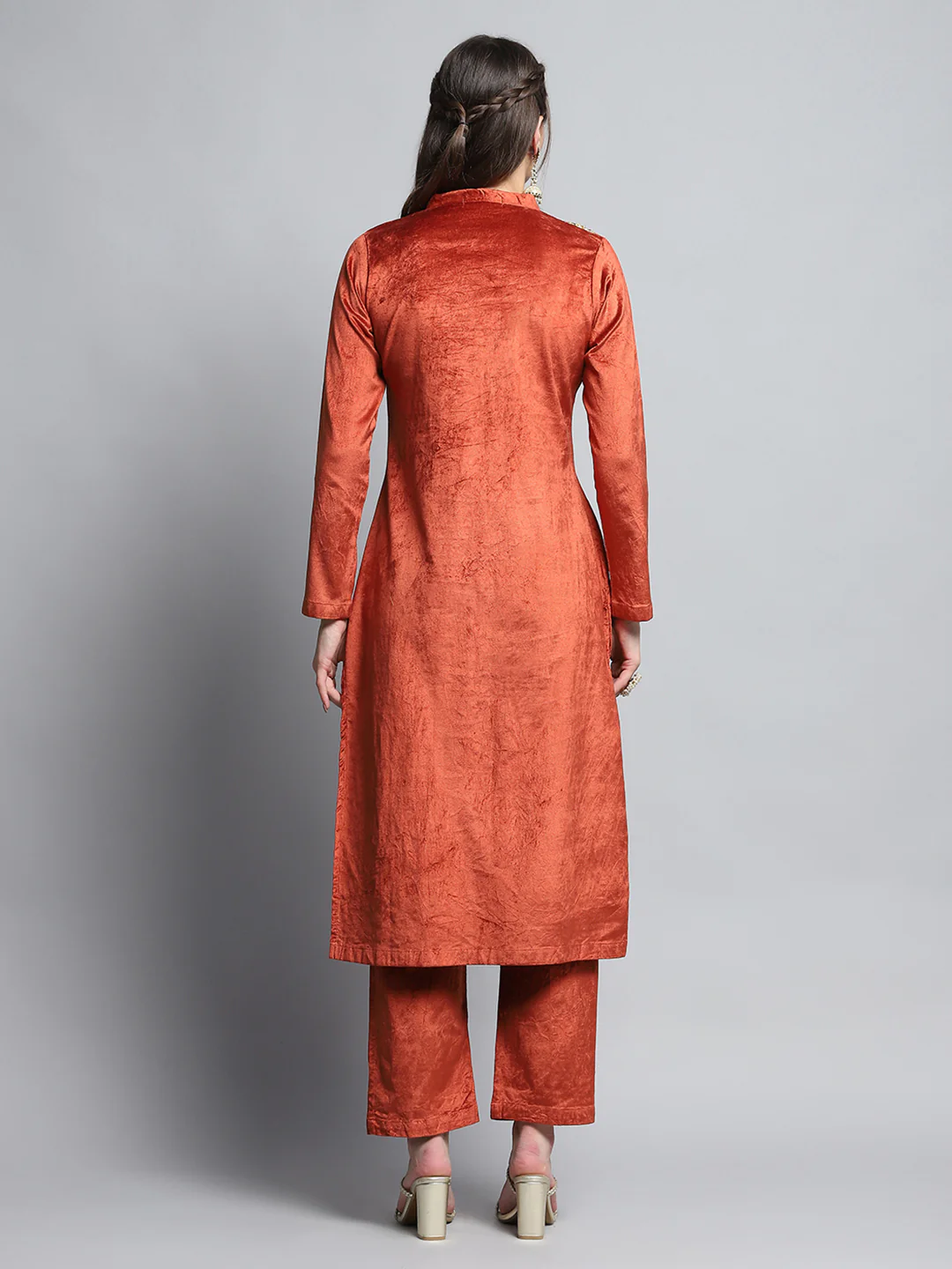 Women Rust Self Design Round Neck Full Sleeve Kurti Set for Winter - Image 5