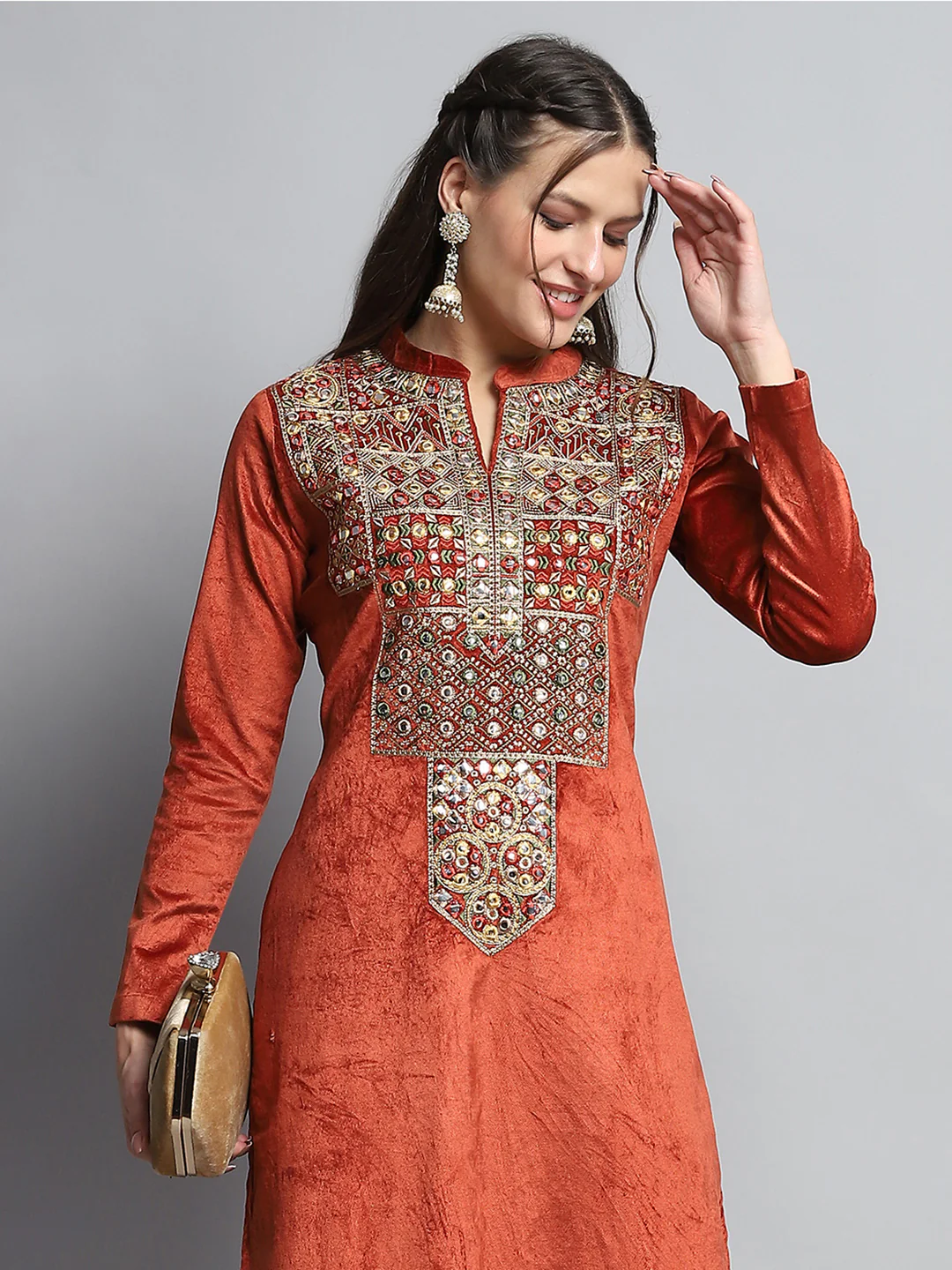 Women Rust Self Design Round Neck Full Sleeve Kurti Set for Winter - Image 6