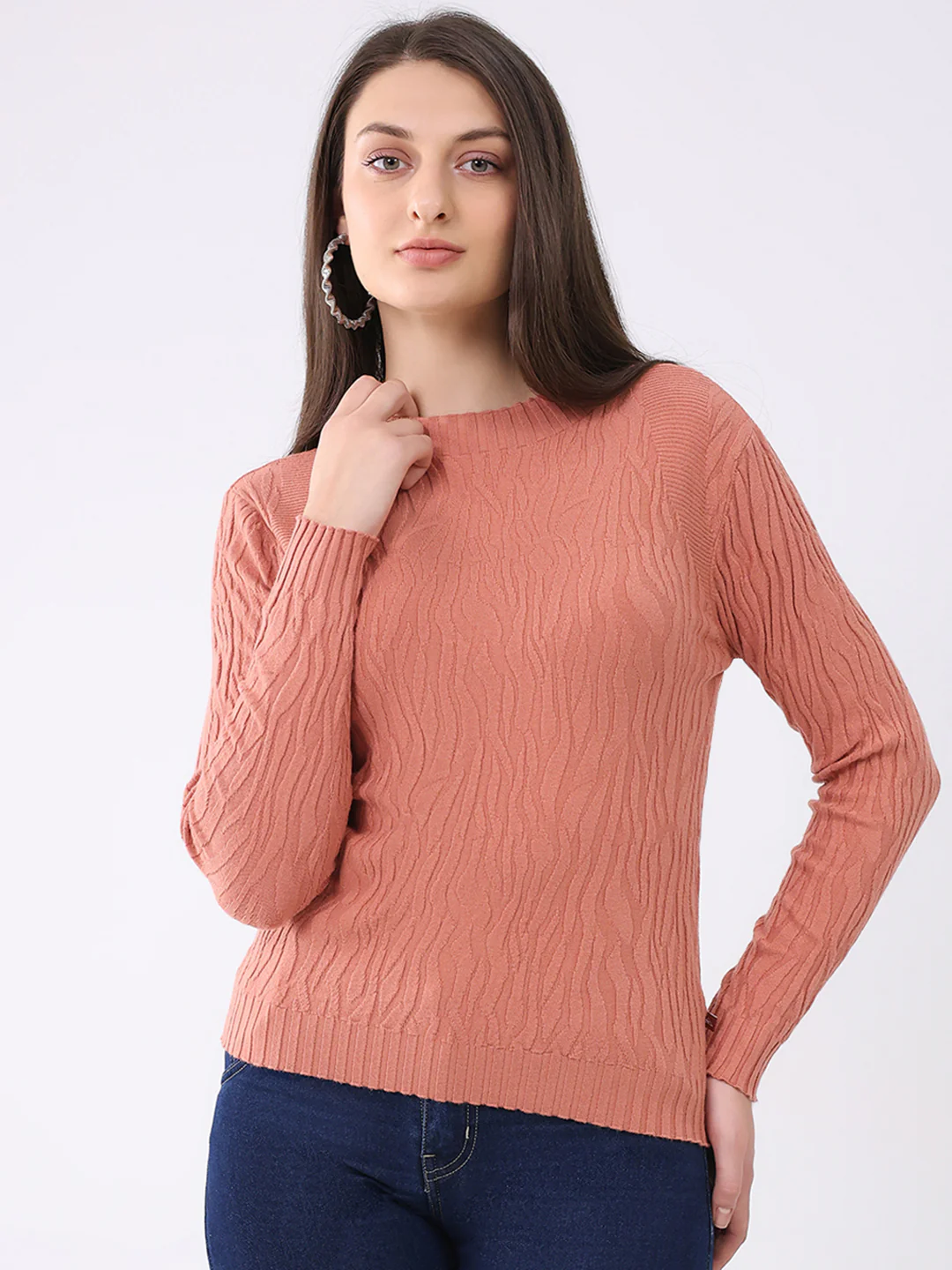 Women Rust Self Design Round Neck Full Sleeve Winter Top