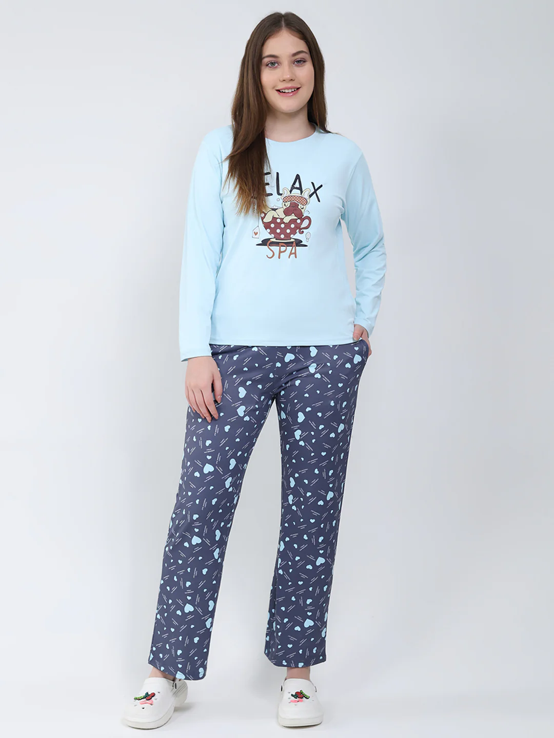 Women Sky Blue Printed Round Neck Full Sleeve Lower Set