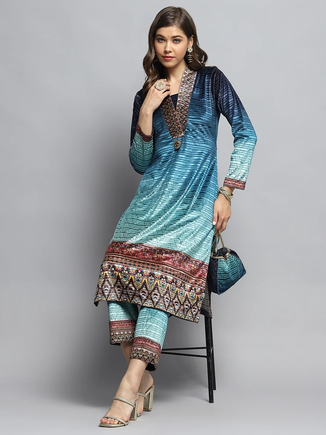 Women Sky Blue Self Design V Neck Full Sleeve Kurti Set with Bag - Image 2