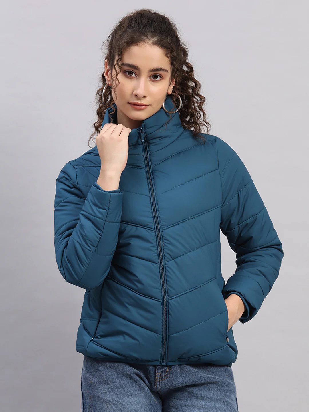 Women Teal Blue Self Design Collar Full Sleeve Jacket