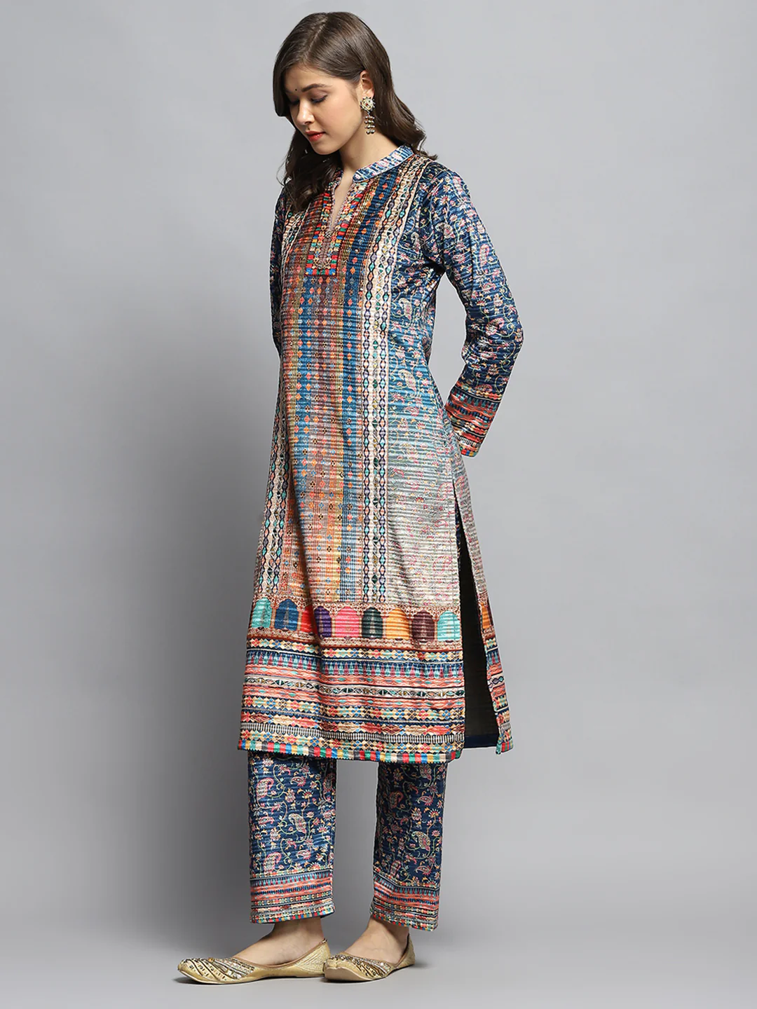 Women Teal Blue Self Design Round Neck Full Sleeve Kurti Set with Bag - Image 3