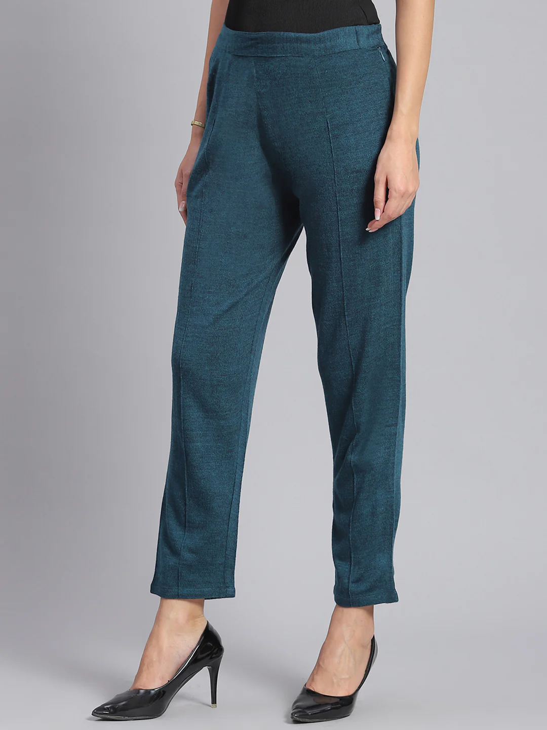 Women Teal Blue Self Design Regular Fit Winter Lowers