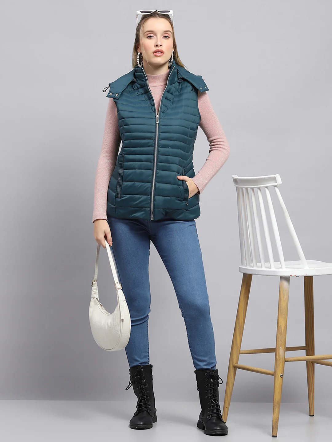 Women Teal Blue Solid Detachable Hood Sleeveless Jacket - Image 2