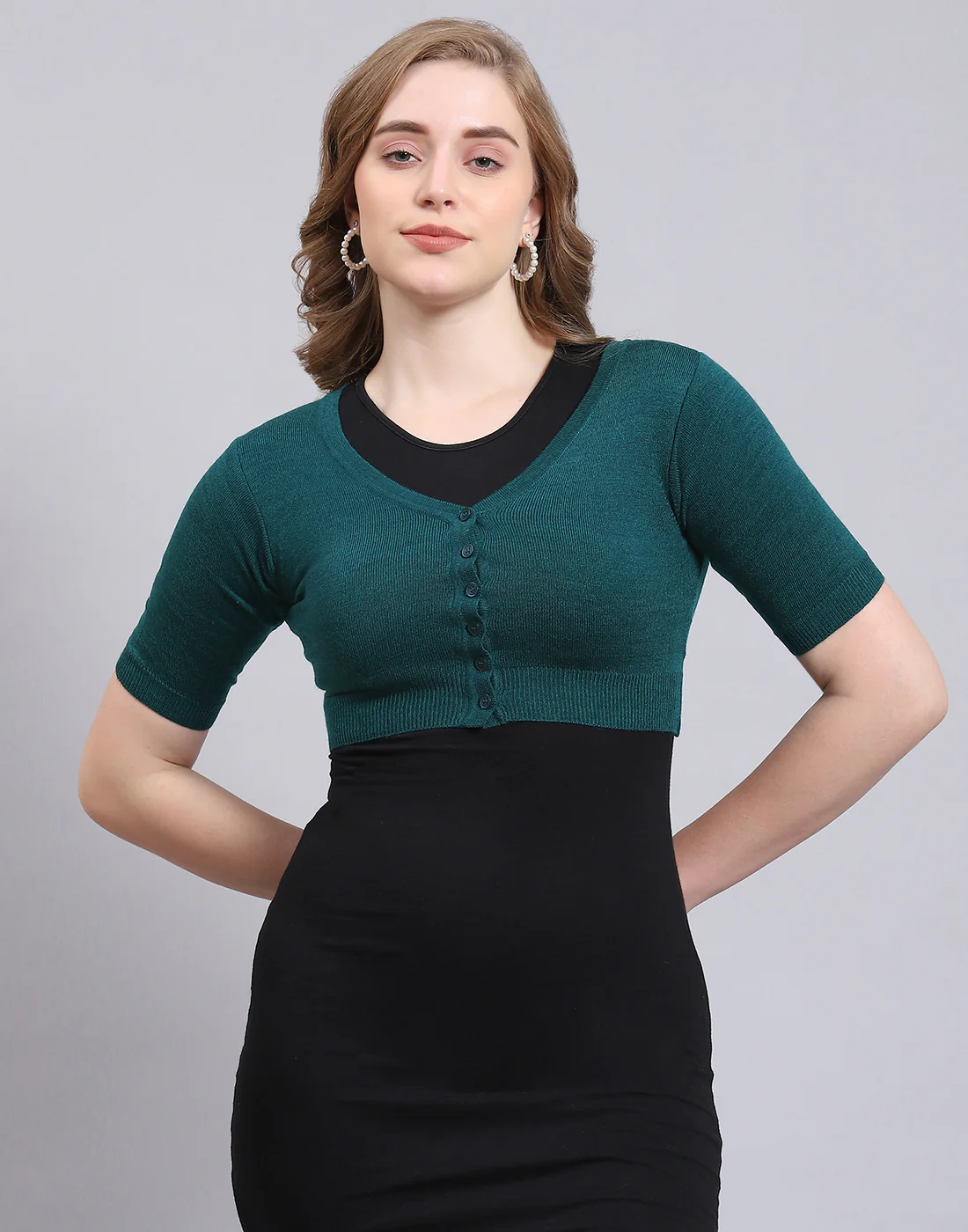 Women Teal Blue Solid Front Open Half Sleeve Sweater