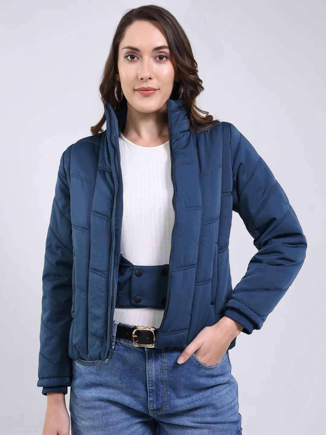 Women Teal Blue Solid Mock Neck Full Sleeve Jacket