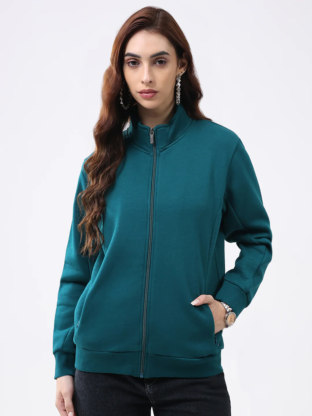 Women Teal Blue Solid Mock Neck Full Sleeve Sweatshirt