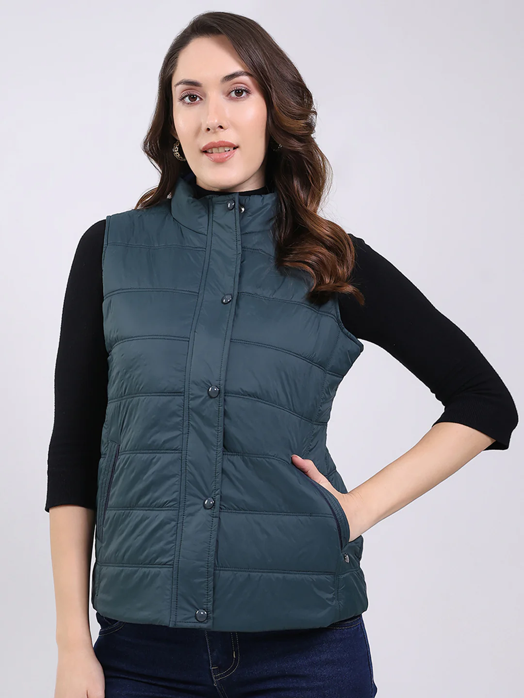Women Teal Blue Solid Mock Neck Sleeveless Jacket