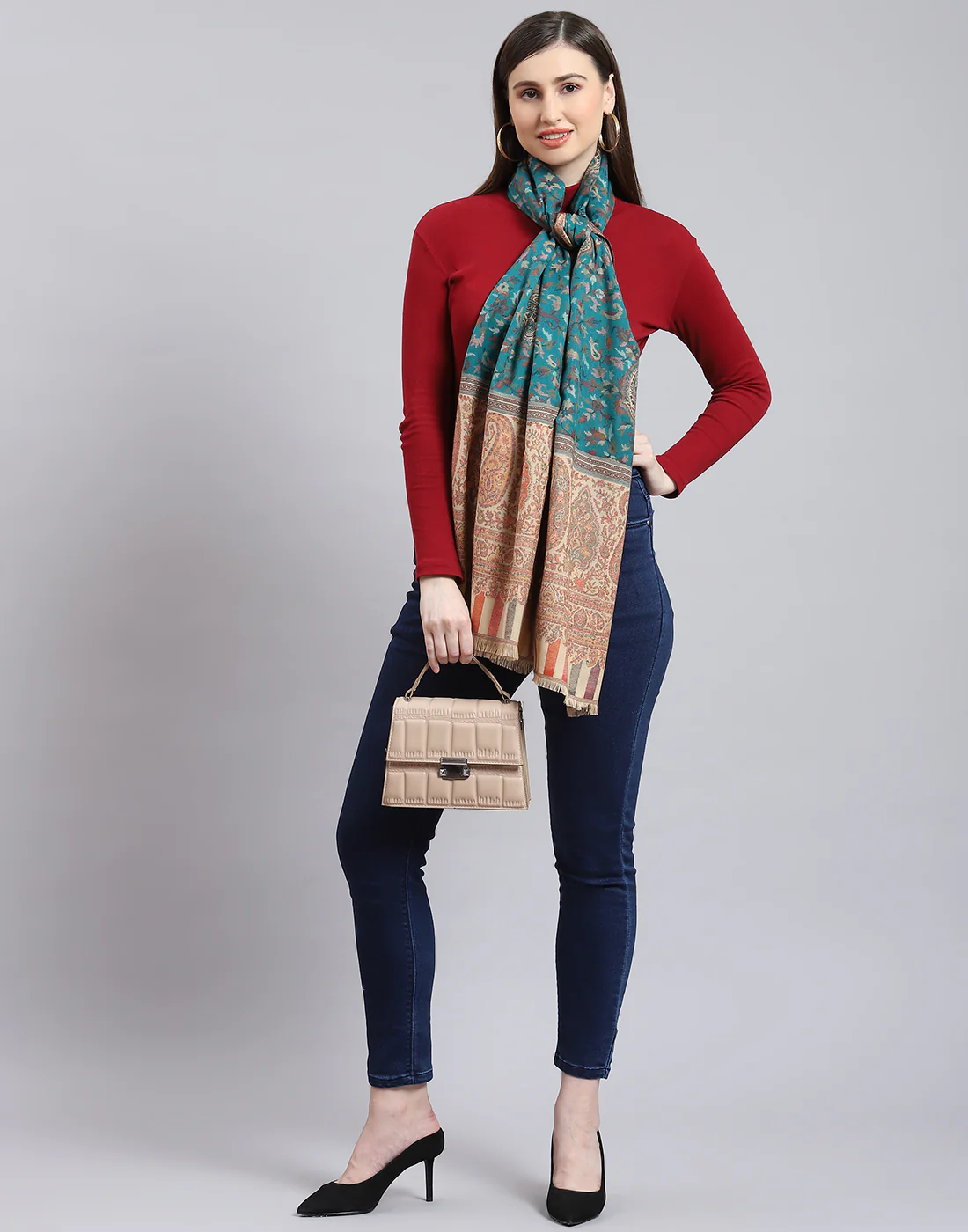 Women Turquoise Blue Self Design Stole
