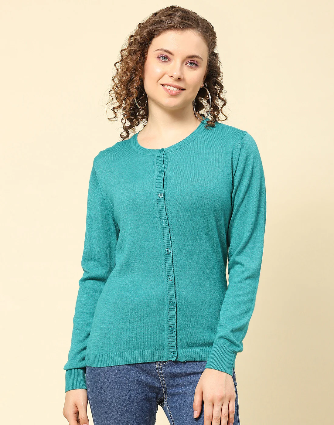 Women Turquoise Blue Solid Round Neck Full Sleeve Cardigan - Image 3