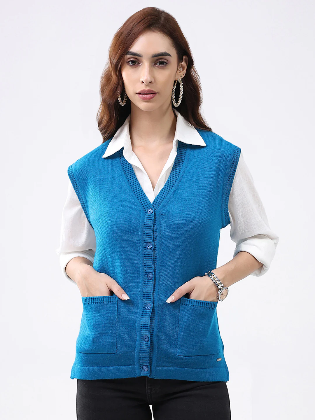 Women Turquoise Blue Solid V Neck Sleeveless Cardigan