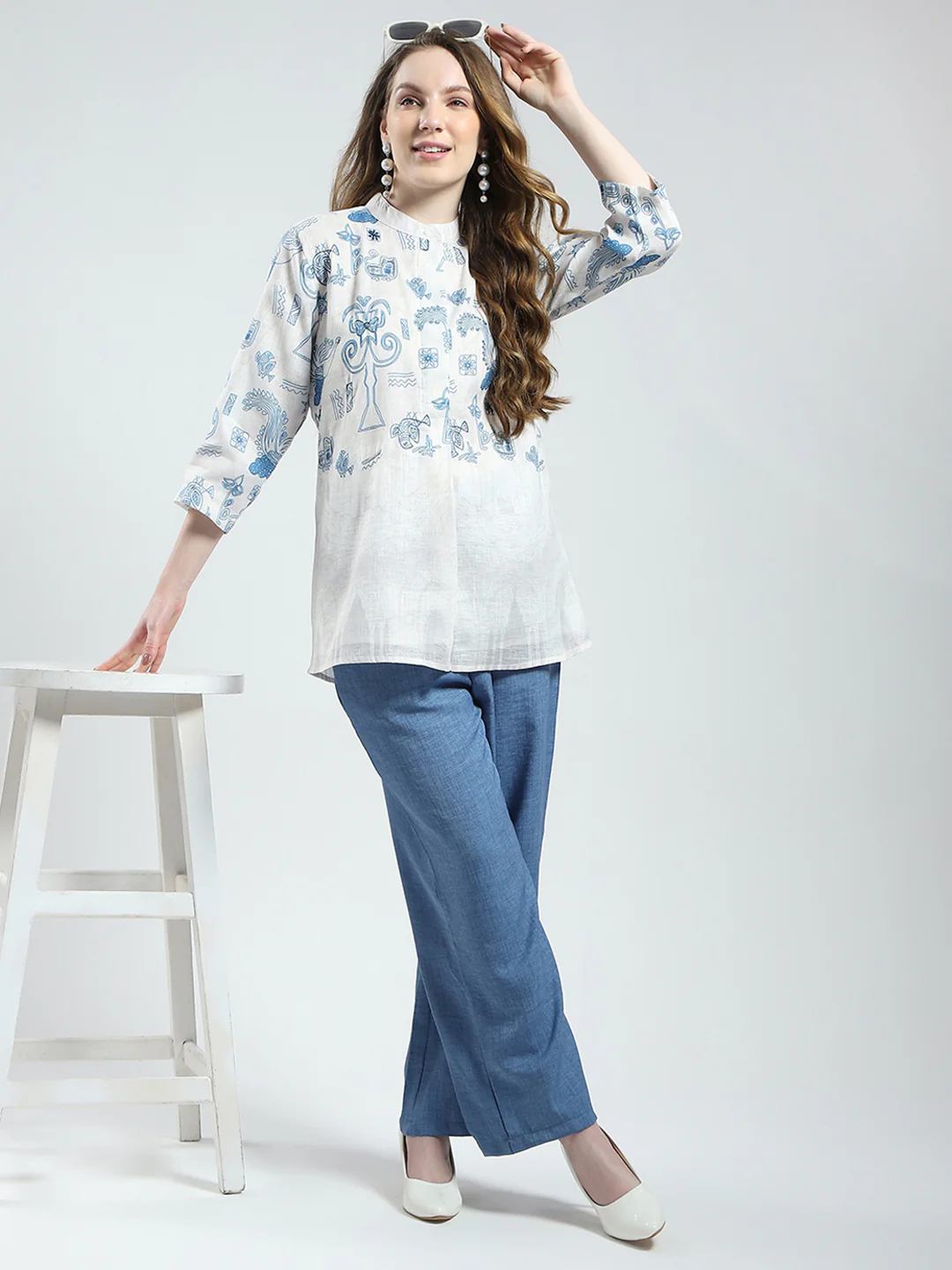 Women White Printed Band Collar 3/4th Sleeve Top - Image 2