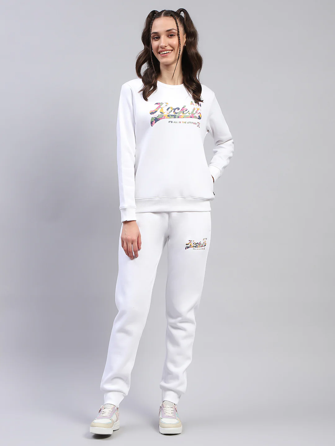 Rock.it Women White Printed Round Neck Full Sleeve Cords Set