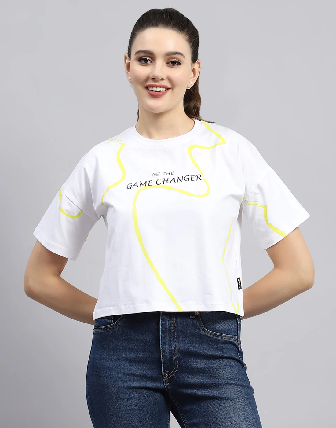 Rock.it Women White Printed Round Neck Half Sleeve Top