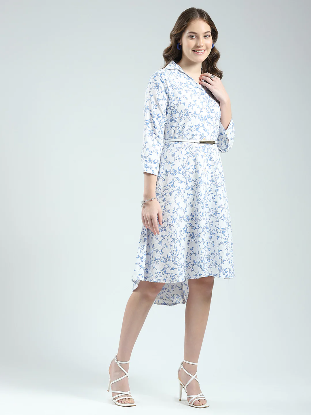 Women White Printed Round Neck 3/4th Sleeve Dress - Image 4