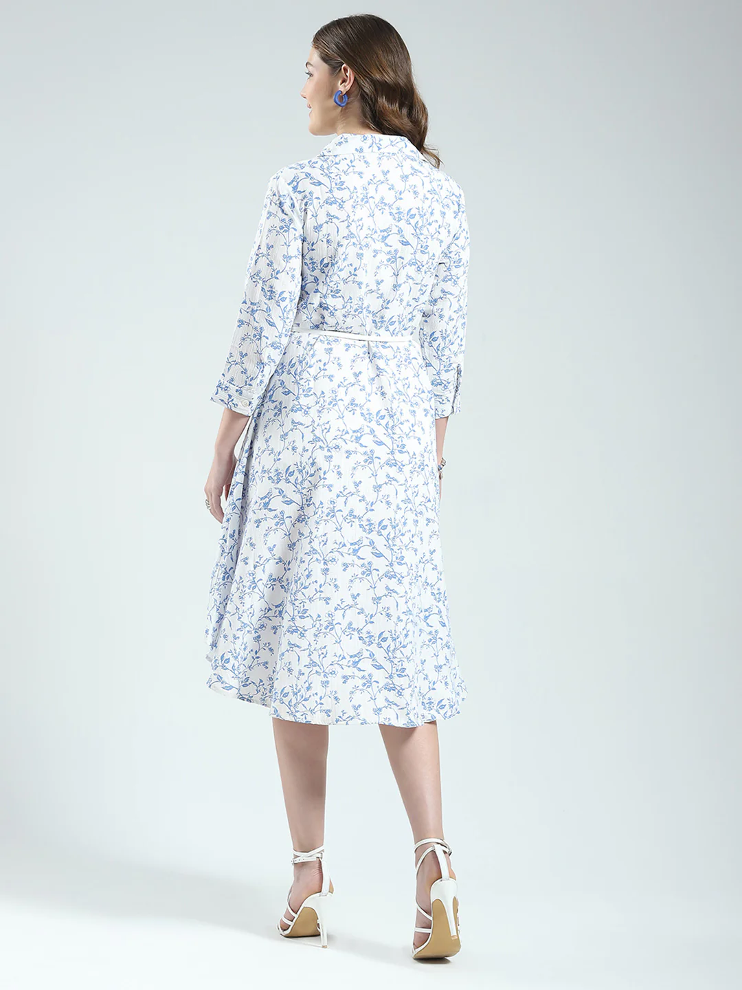 Women White Printed Round Neck 3/4th Sleeve Dress - Image 5