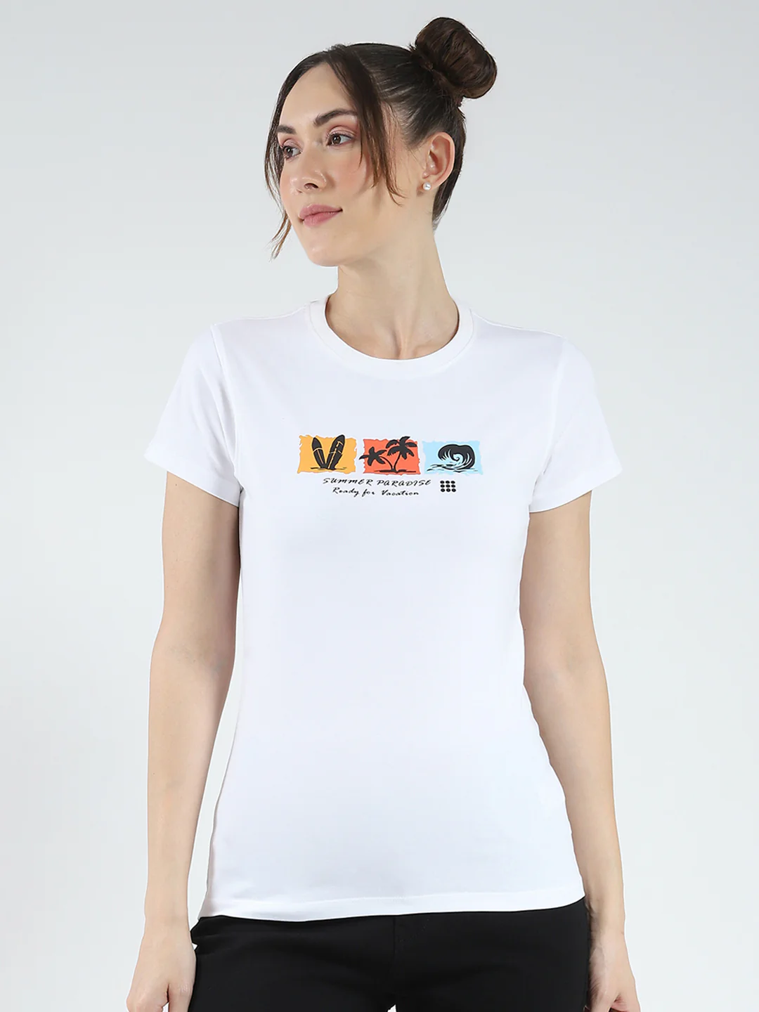 Rock.it Women White Printed Round Neck Half Sleeve Top