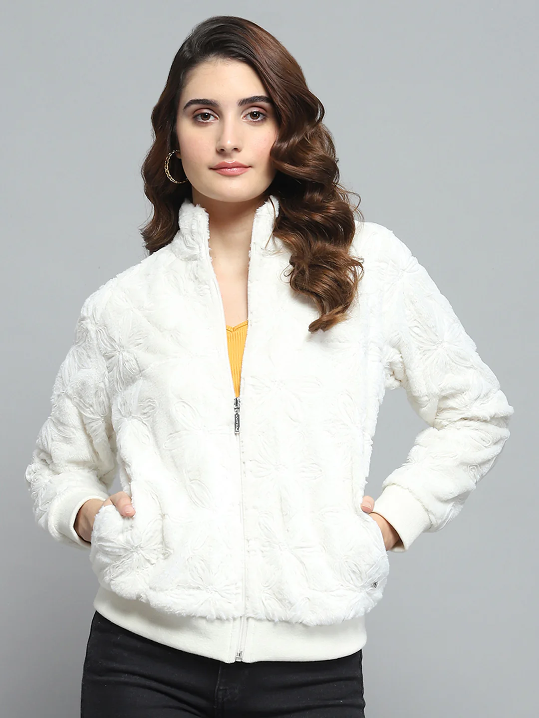 Women White Self Design Mock Neck Full Sleeve Sweatshirt