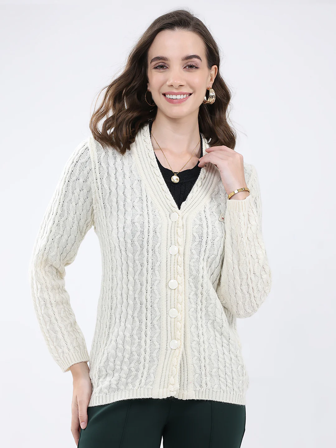 Women White Self Design V Neck Full Sleeve Cardigan