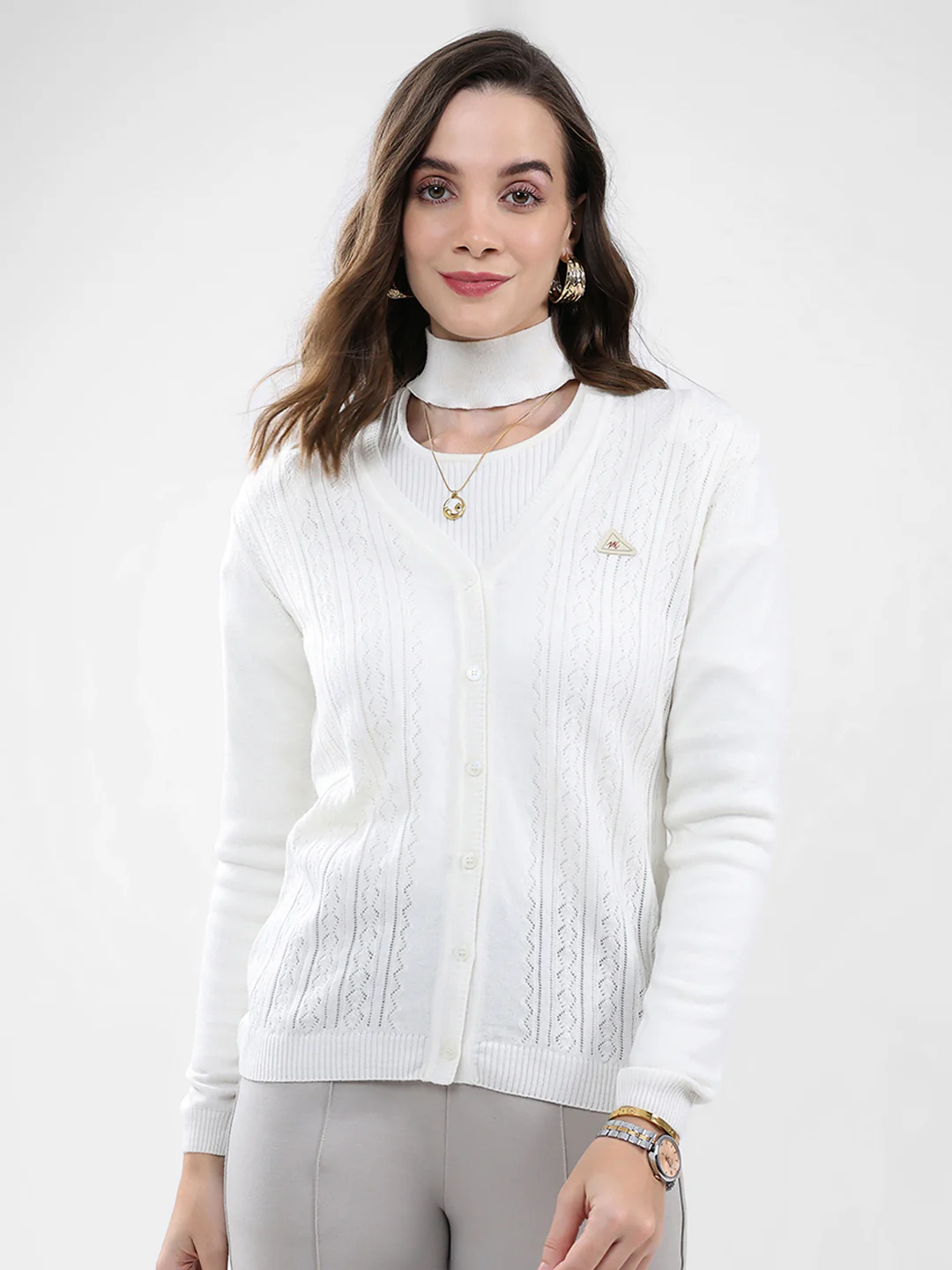 Women White Self Design V Neck Full Sleeve Cardigan