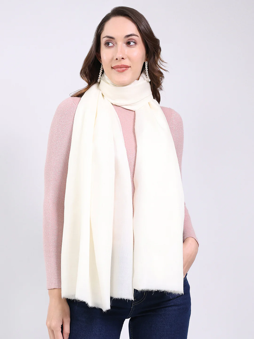 Women White Solid Wool Blend Shawl