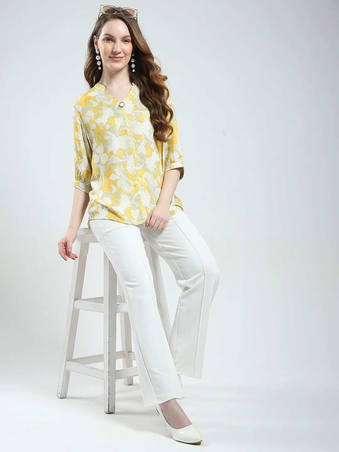 Women Yellow Printed V Neck Half Sleeve Top - Image 2