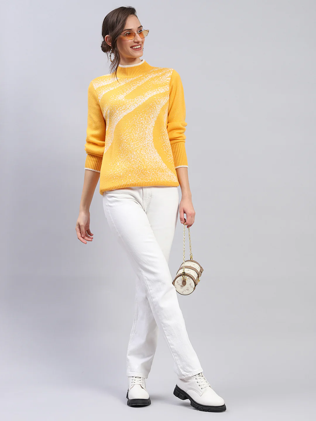 Women Yellow Self Design Band Collar Full Sleeve Winter Tops - Image 2