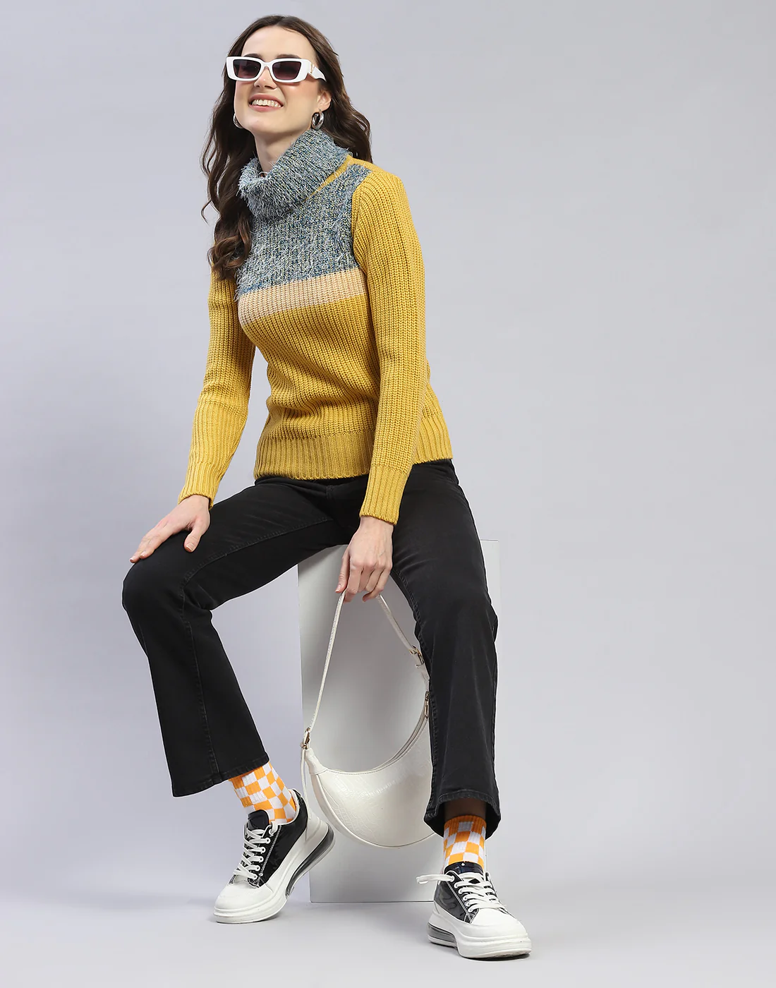 Women Yellow Solid H Neck Full Sleeve Sweater