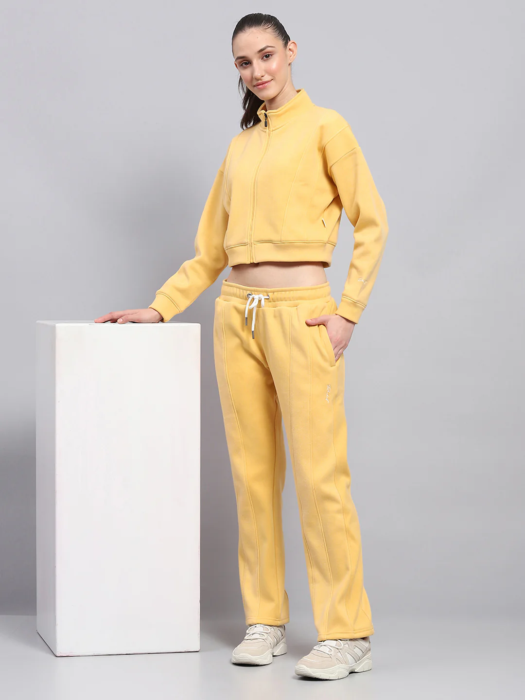 Rock.it Women Yellow Solid Mock Neck Full Sleeve Cords Set - Image 2