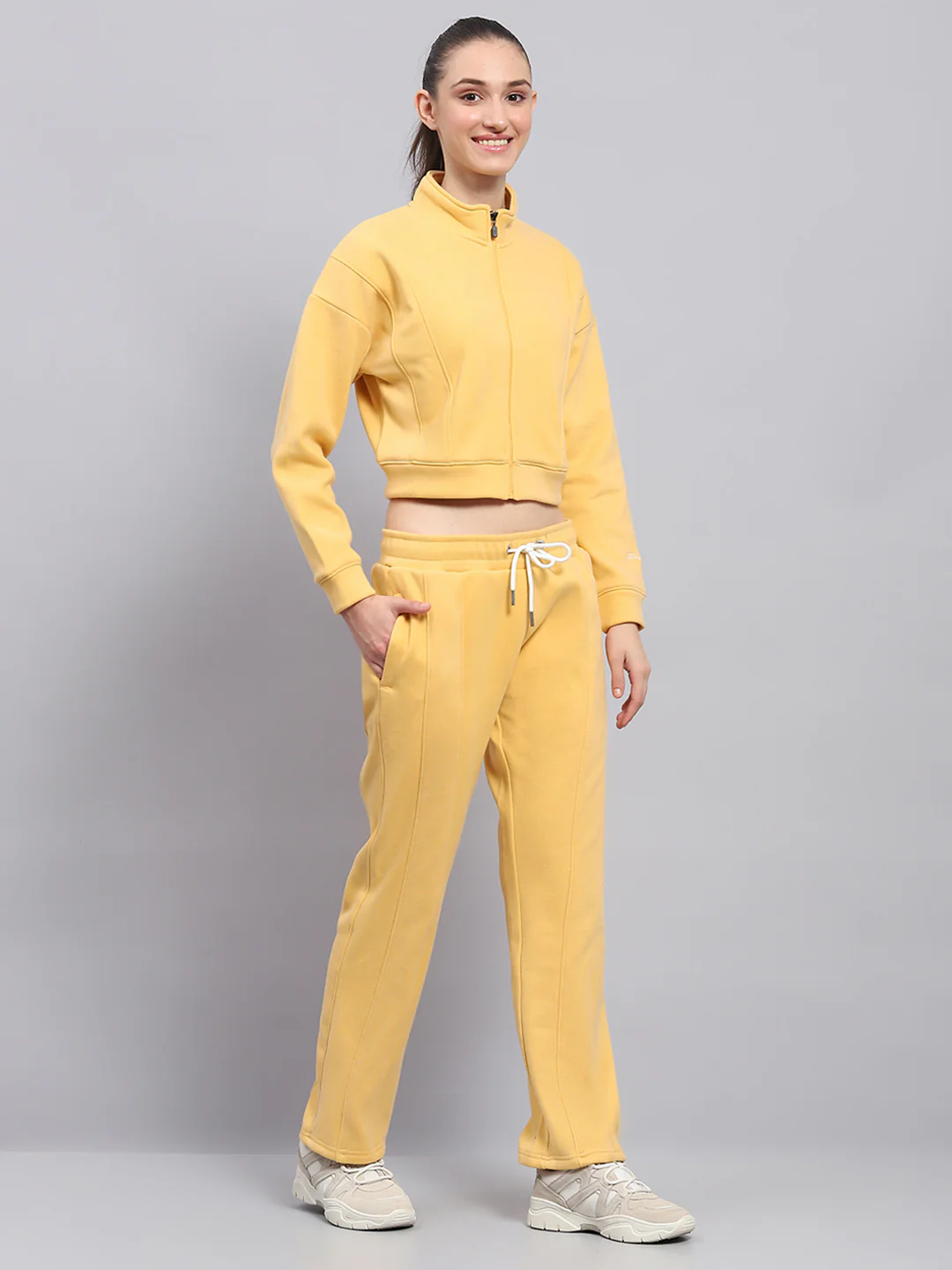 Rock.it Women Yellow Solid Mock Neck Full Sleeve Cords Set - Image 4